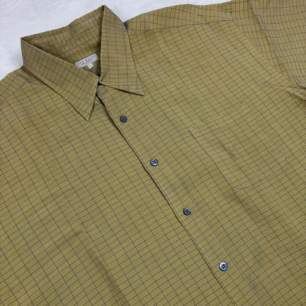 Ted Baker Button Up Long Sleeve Shirt Men L Yellow Check Polyester Viscose